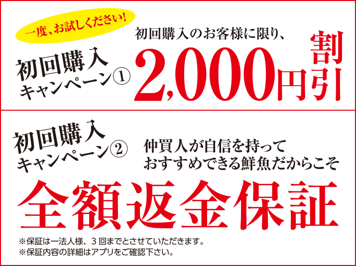 初回購入キャンペーン　初回購入のお客様に限り50%OFF！！仲買人が自信を持っておすすめできる鮮魚だからこそ全額返金保証